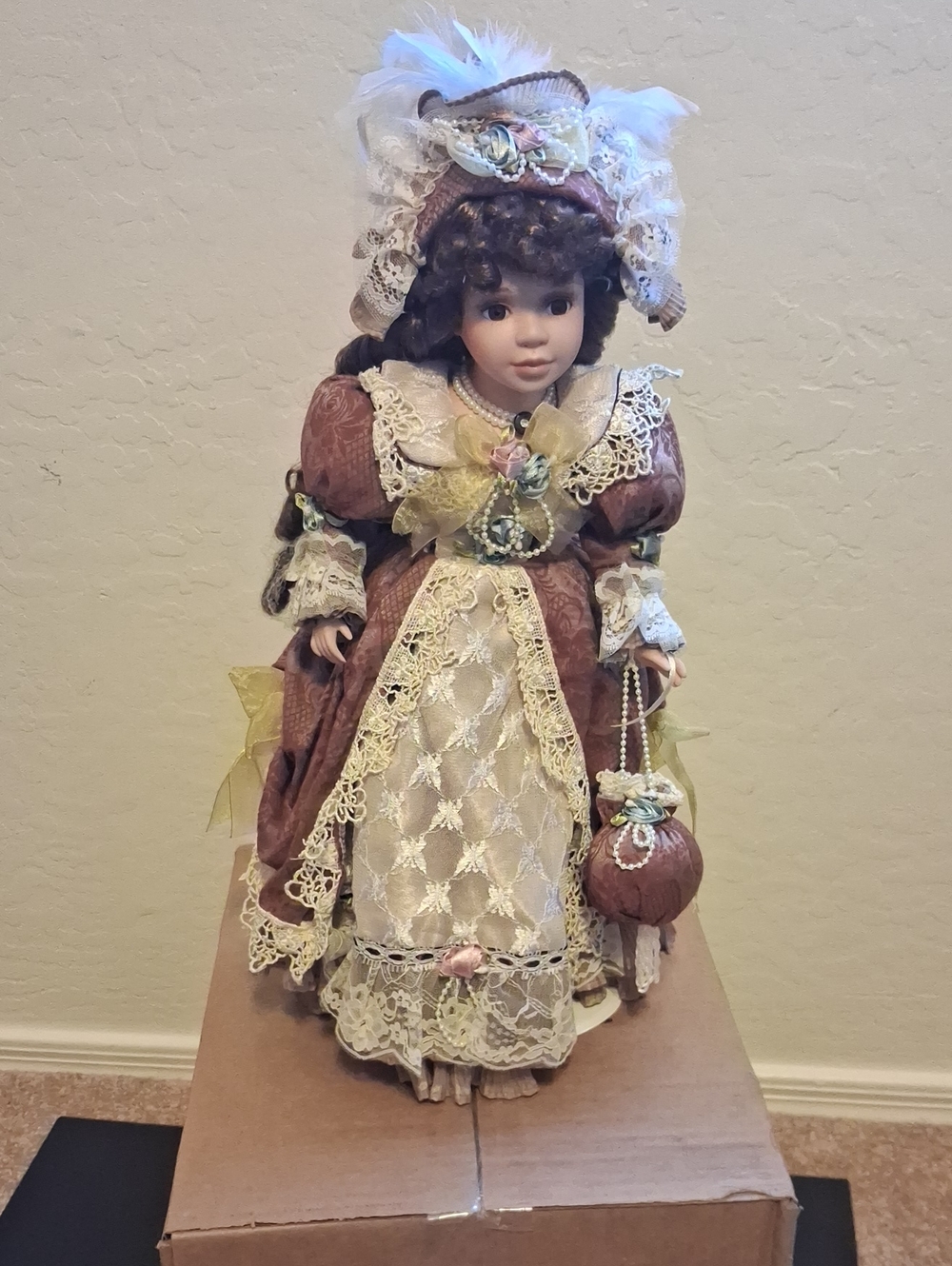 Porcelain Victorian-Style Doll in Mauve and Cream